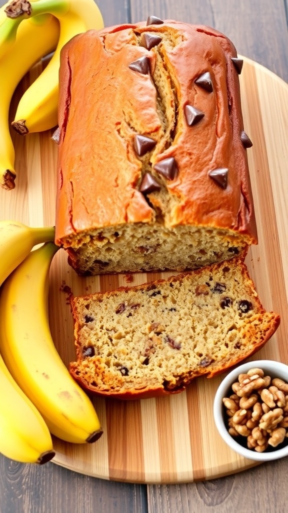 A loaf of banana bread sliced on a cutting board with bananas and walnuts.
